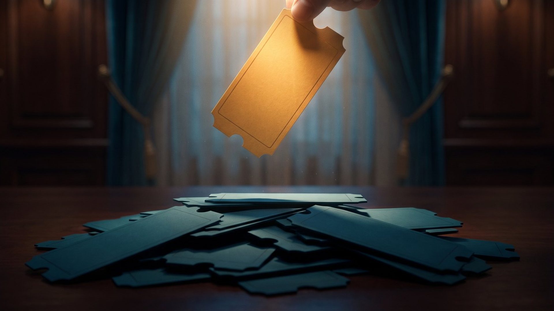 A single glowing golden ticket lifted into the light above a spread of plain, blank tickets in shadow.