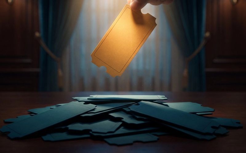 A single glowing golden ticket lifted into the light above a spread of plain, blank tickets in shadow.