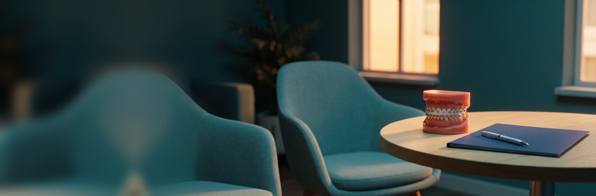 A small round consult table by a window in late-afternoon light, holding an orthodontic teaching model with metal braces beside a closed navy folder and a pen, with two empty teal chairs waiting
