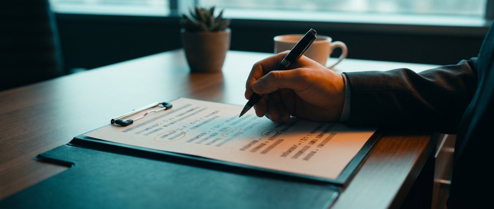 A hand in a suit sleeve circling figures on a clipboard of numbers at a desk, lit in warm amber