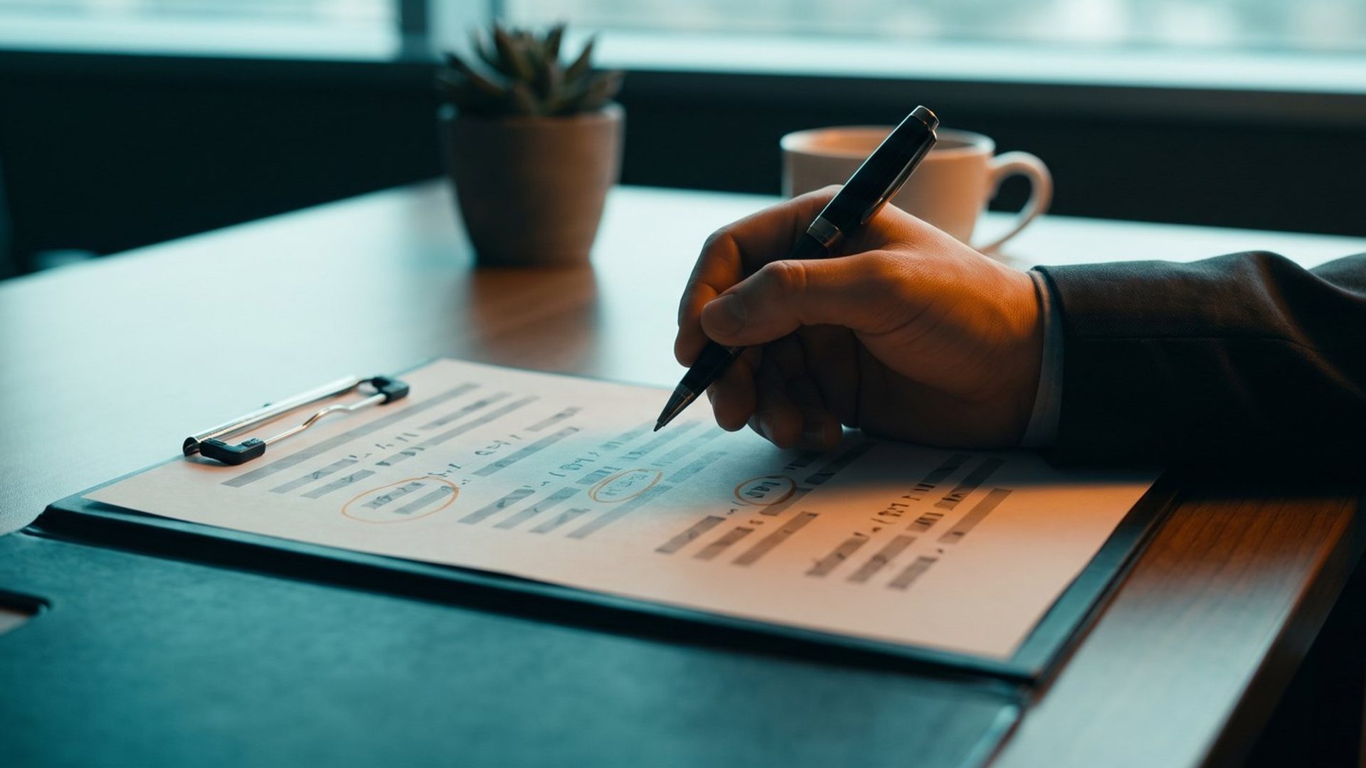 A hand in a suit sleeve circling figures on a clipboard of numbers at a desk, lit in warm amber