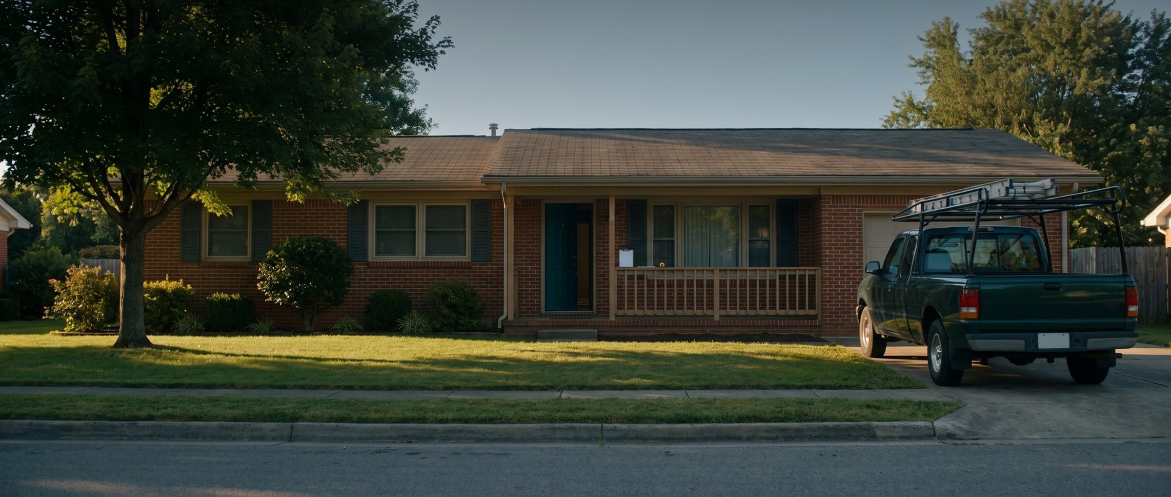 A brick ranch house on a clear morning with a dark green work pickup carrying a ladder rack and an extension ladder parked in the driveway, the front door ajar and a clipboard and tape measure on the porch rail