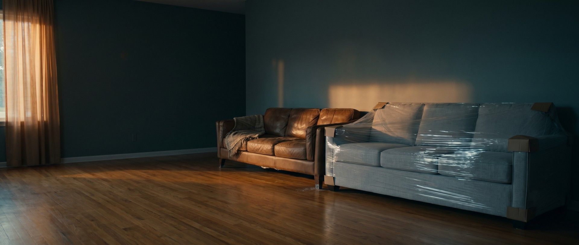 A sunlit living room at golden hour with a worn brown leather sofa pushed against the wall beside a new gray sofa still wrapped in plastic with cardboard corner guards