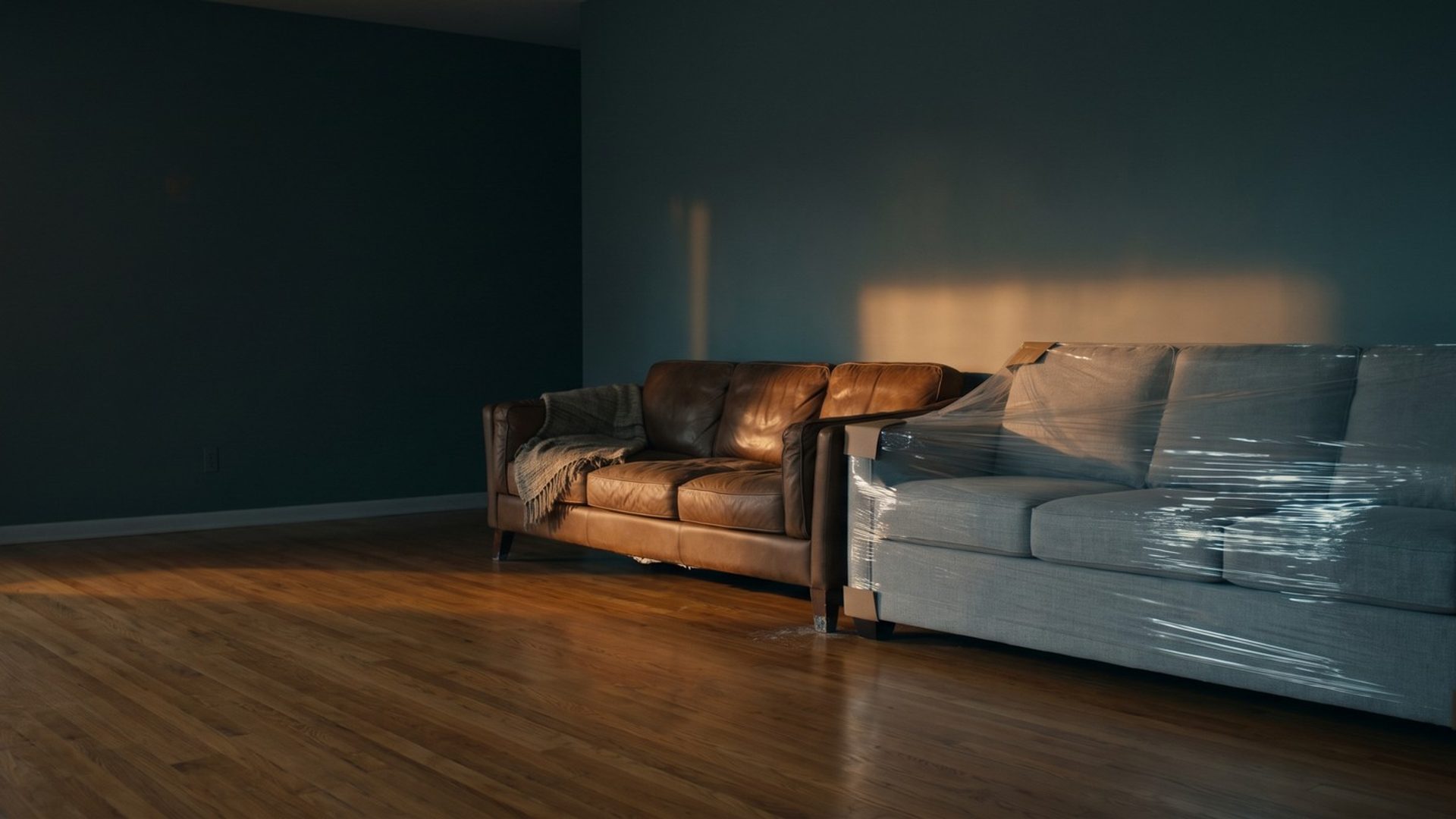 A sunlit living room at golden hour with a worn brown leather sofa pushed against the wall beside a new gray sofa still wrapped in plastic with cardboard corner guards