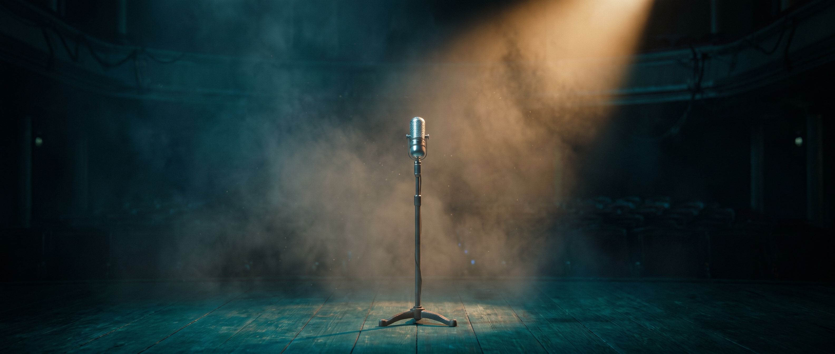 A lone ribbon microphone standing in a warm spotlight on an empty stage, the auditorium beyond it dark and unoccupied