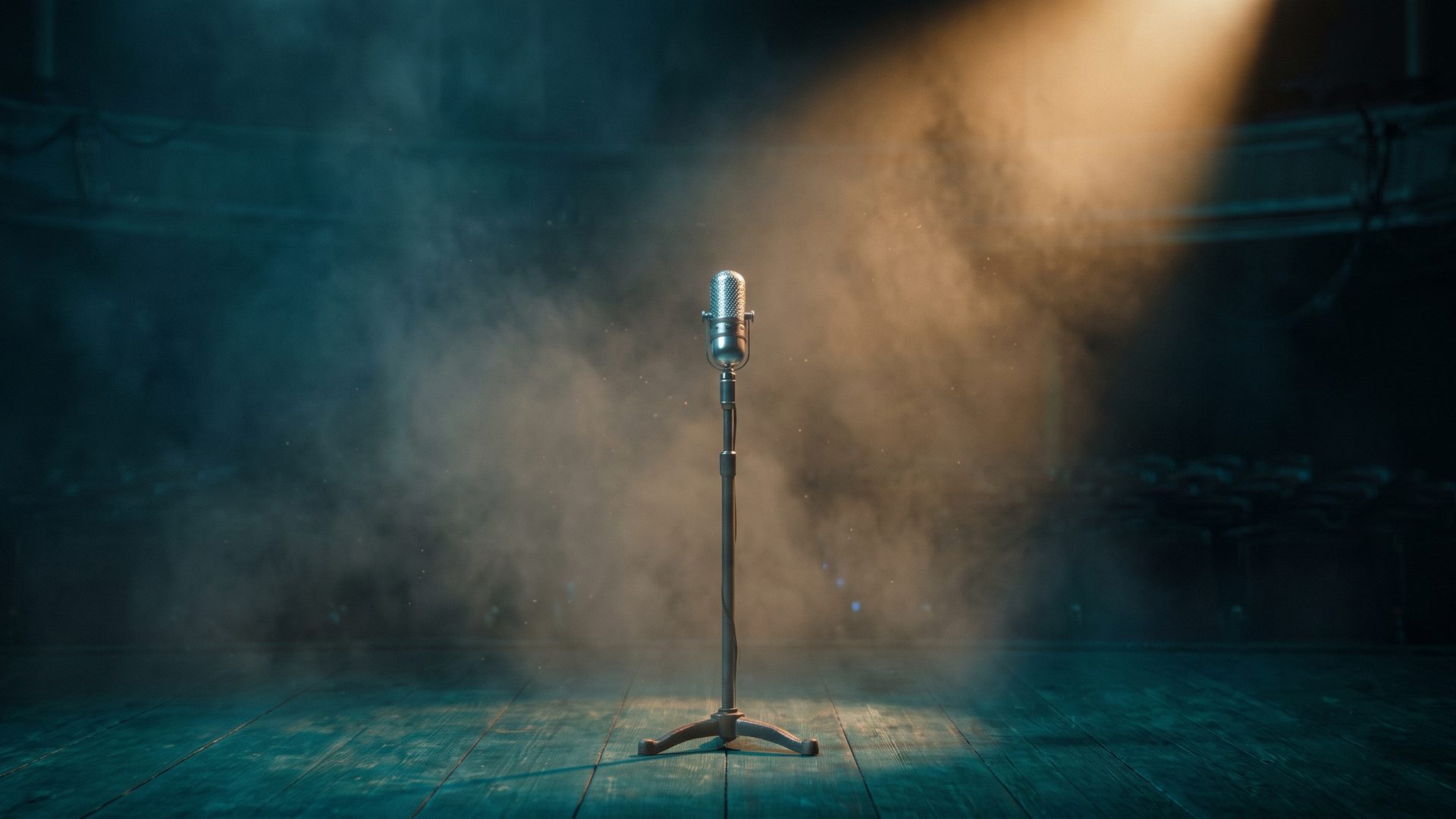 A lone ribbon microphone standing in a warm spotlight on an empty stage, the auditorium beyond it dark and unoccupied