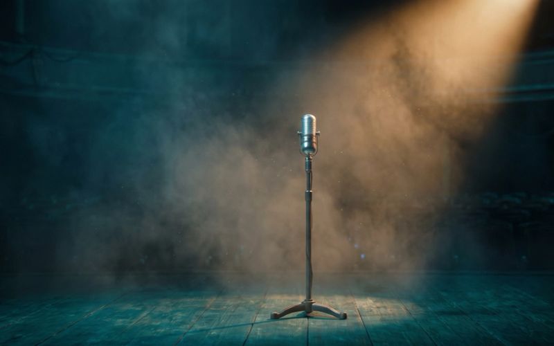 A lone ribbon microphone standing in a warm spotlight on an empty stage, the auditorium beyond it dark and unoccupied