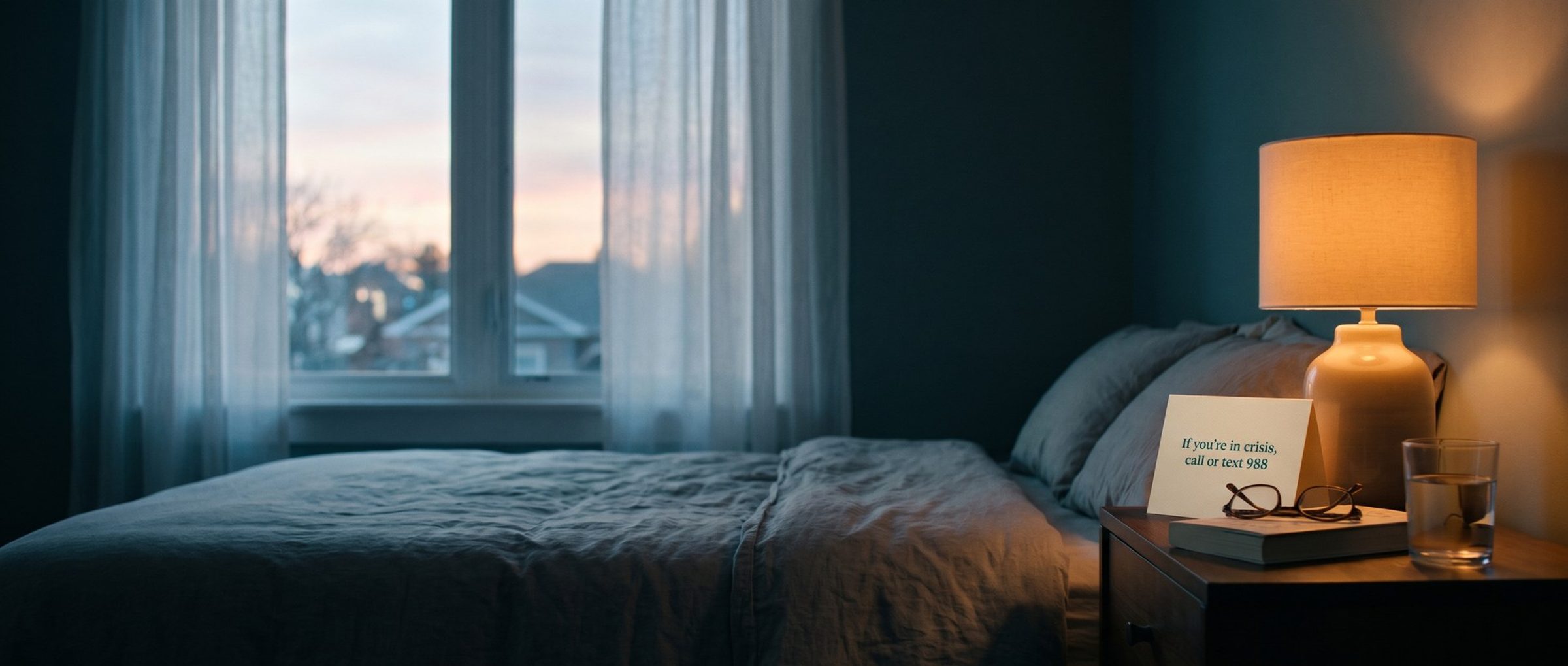 A quiet bedroom at dawn, with a small card propped against a glowing bedside lamp that reads If you're in crisis, call or text 988, beside reading glasses, a book and a glass of water