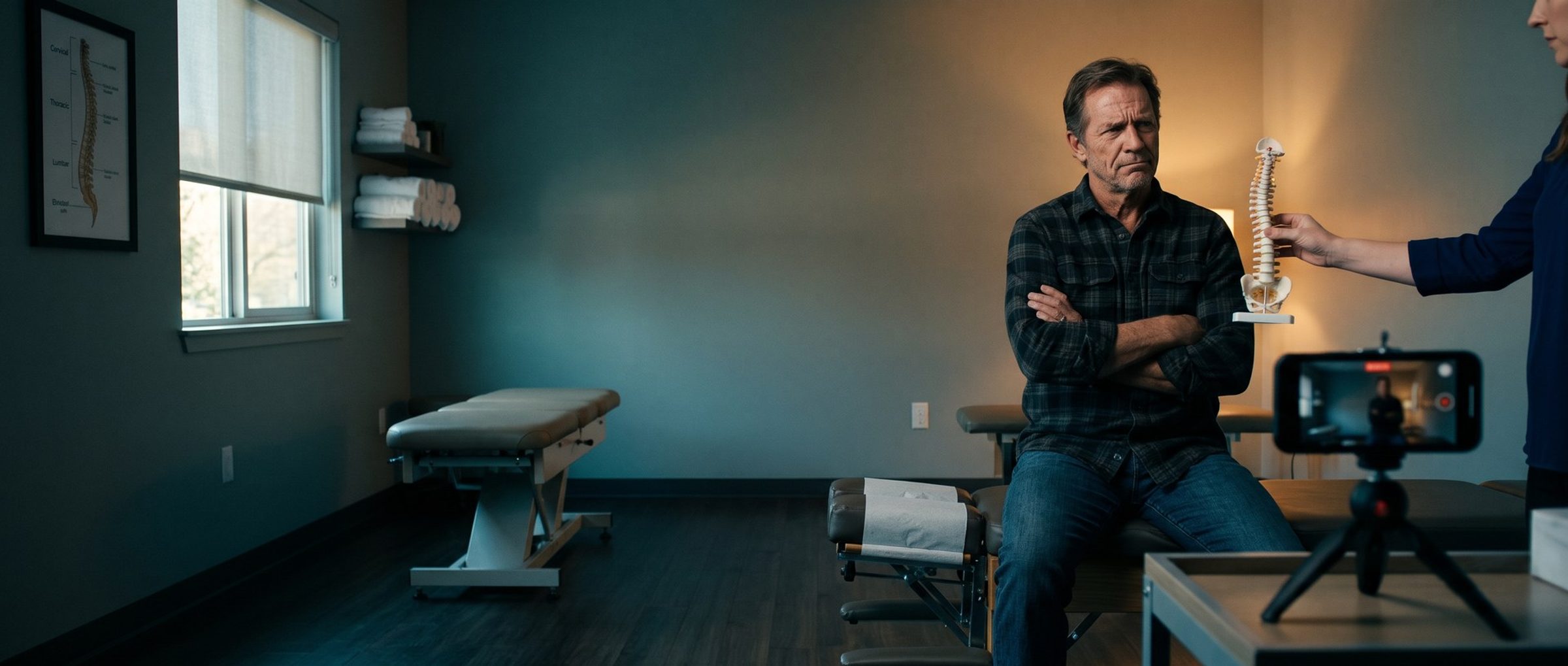 In a chiropractic adjusting room, a skeptical man sits with his arms crossed as a chiropractor holds out a spine model, while a phone on a small tripod records them