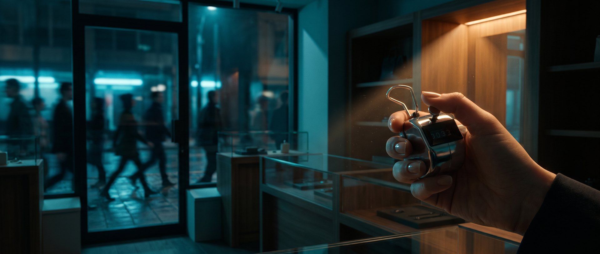 A hand inside a dark shop at night clicks a chrome tally counter in warm amber light while blurred pedestrians walk past the shop window without looking in