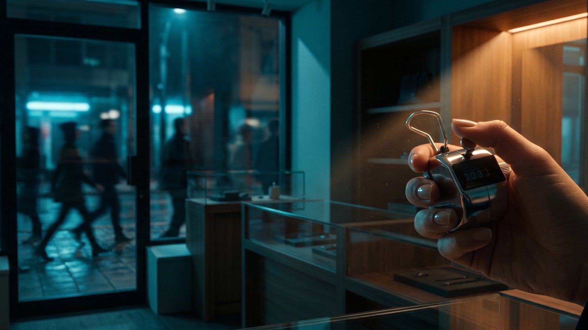 A hand inside a dark shop at night clicks a chrome tally counter in warm amber light while blurred pedestrians walk past the shop window without looking in