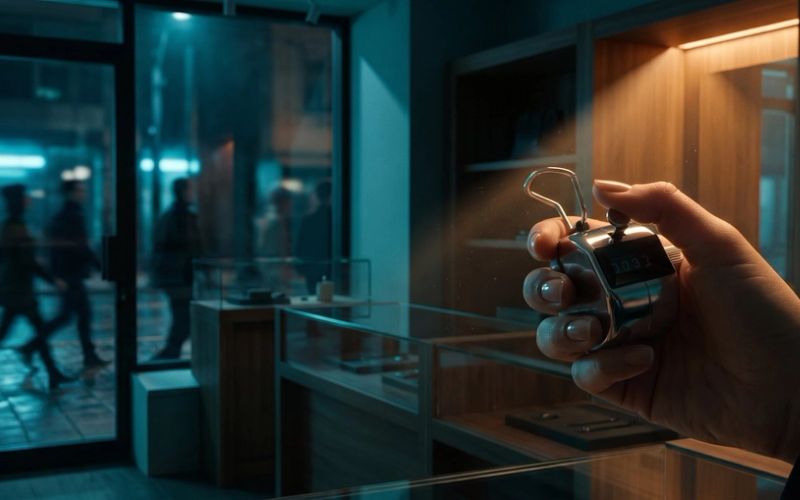 A hand inside a dark shop at night clicks a chrome tally counter in warm amber light while blurred pedestrians walk past the shop window without looking in
