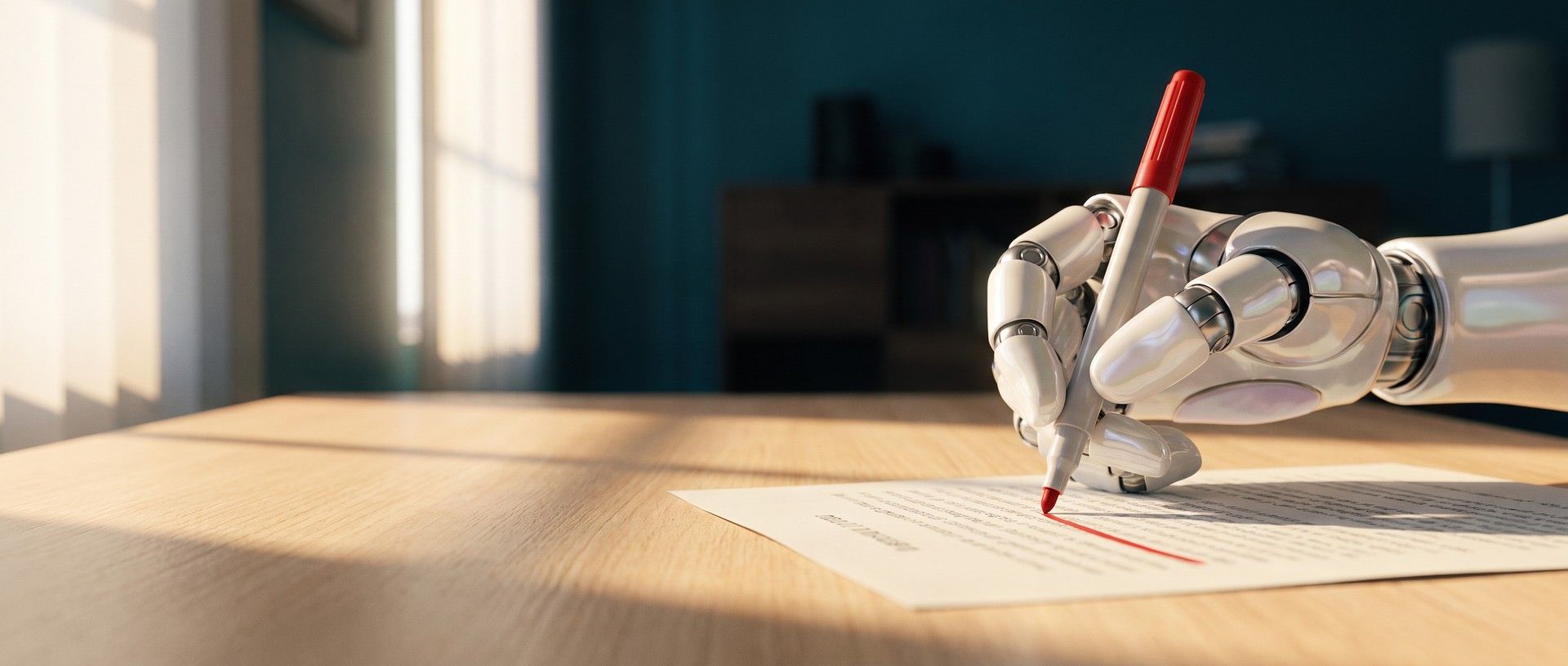 A white robotic hand holding a red pen and drawing a firm red line through a line of print on a page, on a sunlit wooden desk