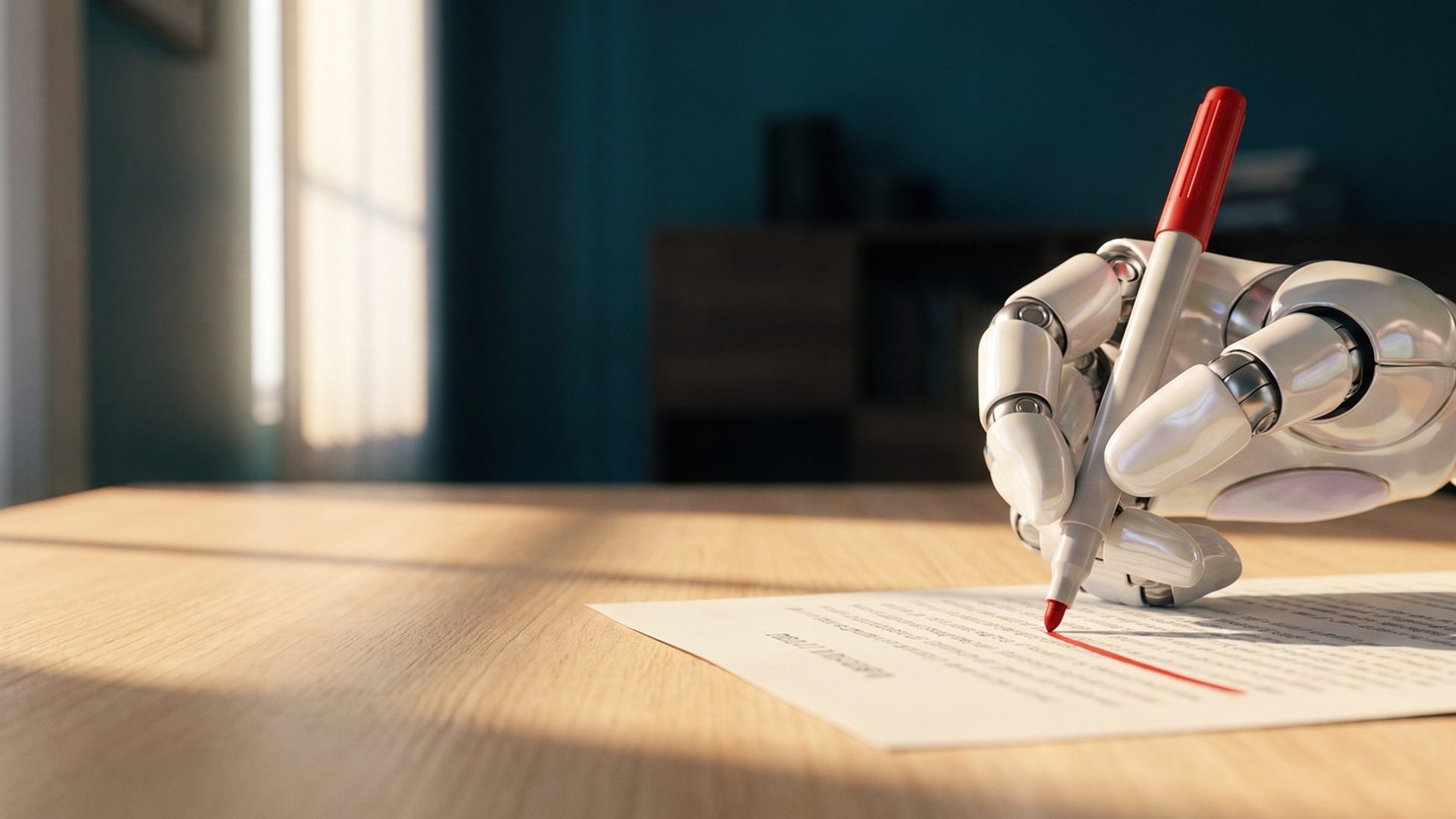 A white robotic hand holding a red pen and drawing a firm red line through a line of print on a page, on a sunlit wooden desk