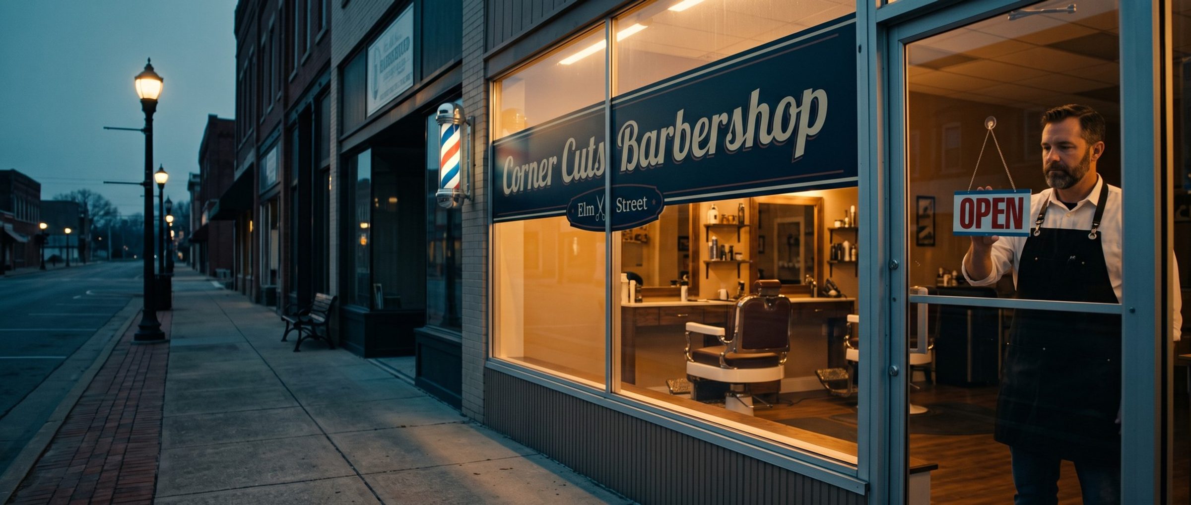 At dawn on an empty main street, a bearded barbershop owner in a black apron turns the door sign to OPEN inside his lit Corner Cuts Barbershop, a barber pole beside the window