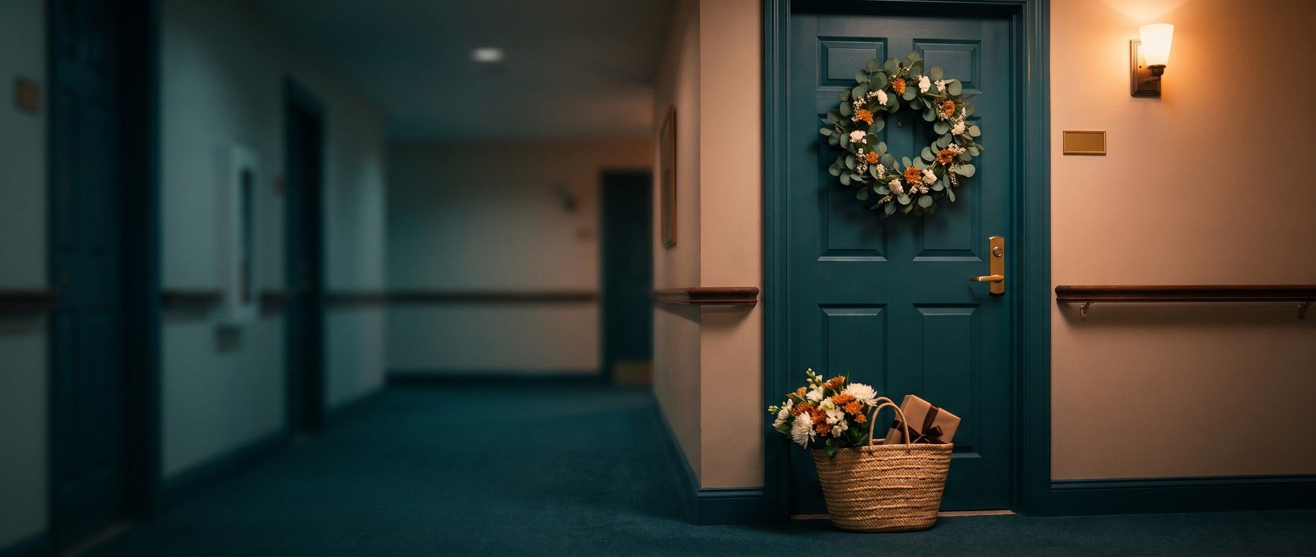 A teal apartment door in a warm senior living hallway with a eucalyptus and flower wreath, a woven basket of flowers and a wrapped gift at its foot, handrails along the walls