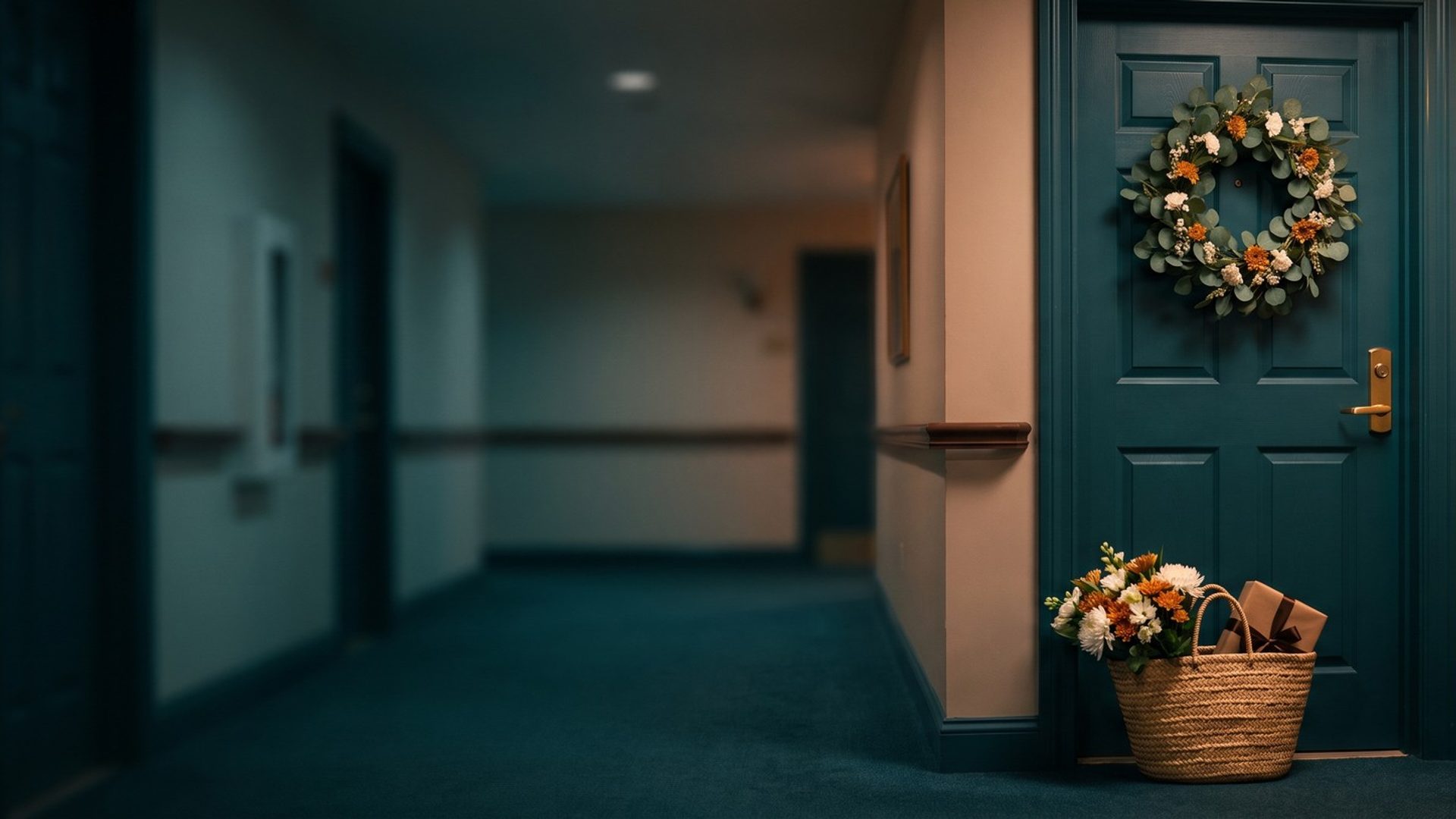 A teal apartment door in a warm senior living hallway with a eucalyptus and flower wreath, a woven basket of flowers and a wrapped gift at its foot, handrails along the walls