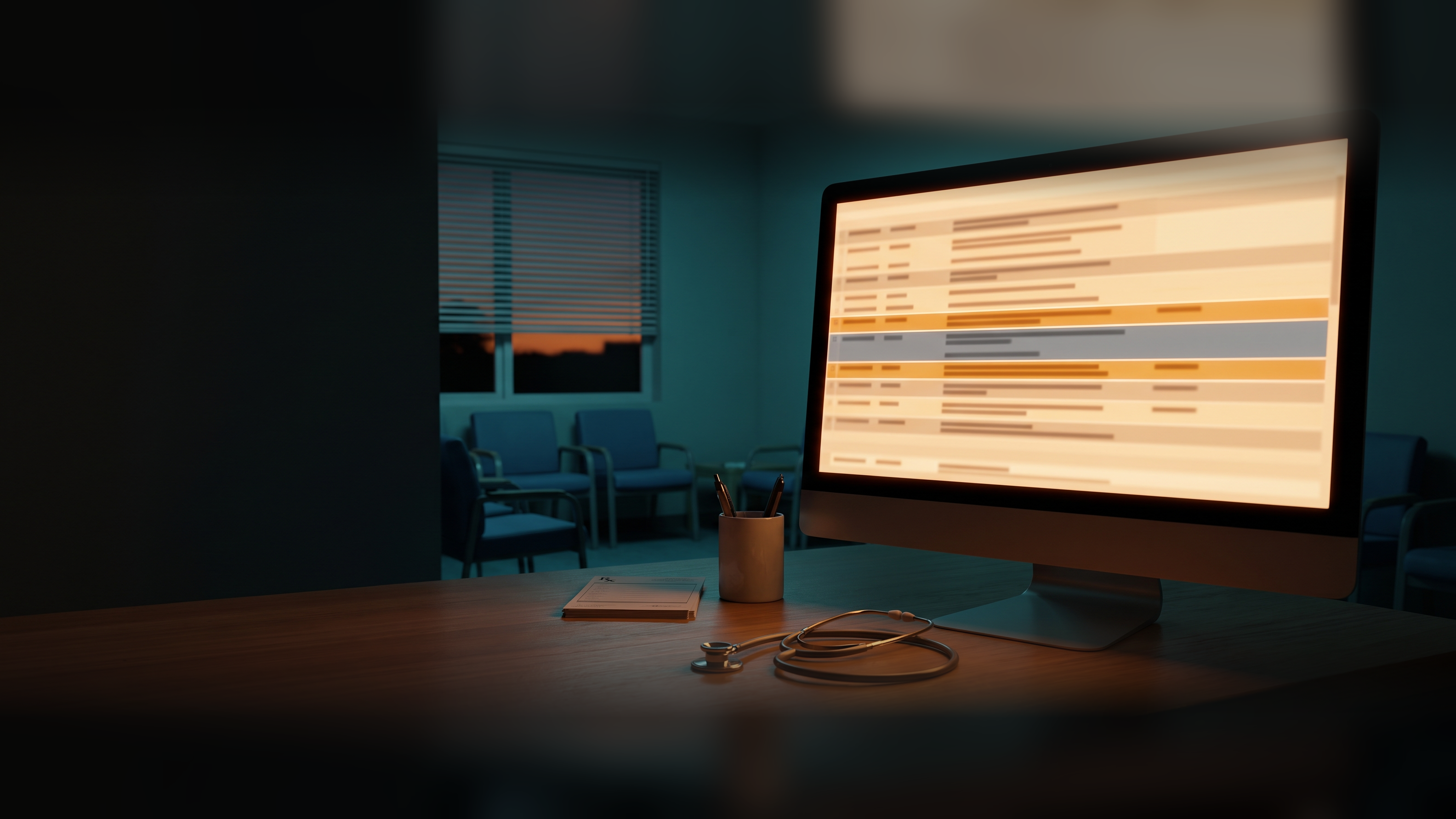 A computer monitor on a veterinary clinic front desk at dusk showing a client list, a few rows highlighted amber and one grayed out, beside a stethoscope
