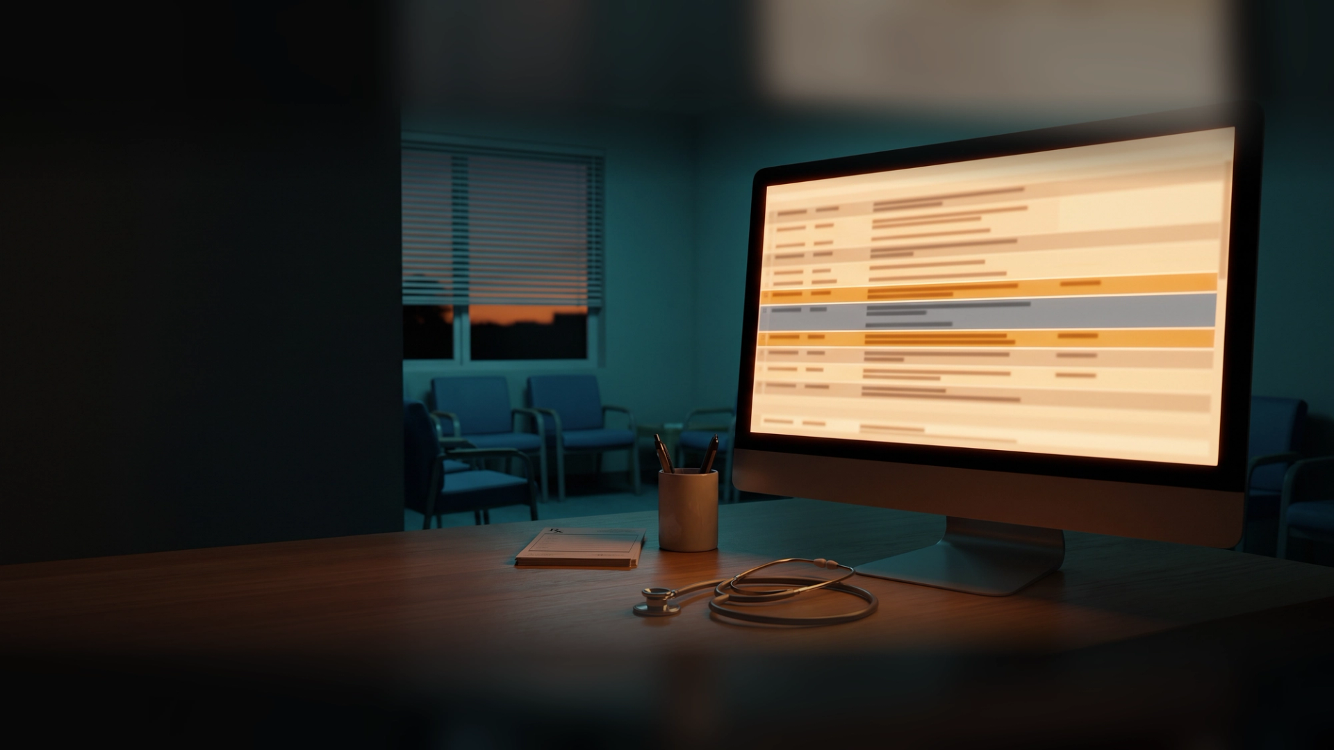 A computer monitor on a veterinary clinic front desk at dusk showing a client list, a few rows highlighted amber and one grayed out, beside a stethoscope