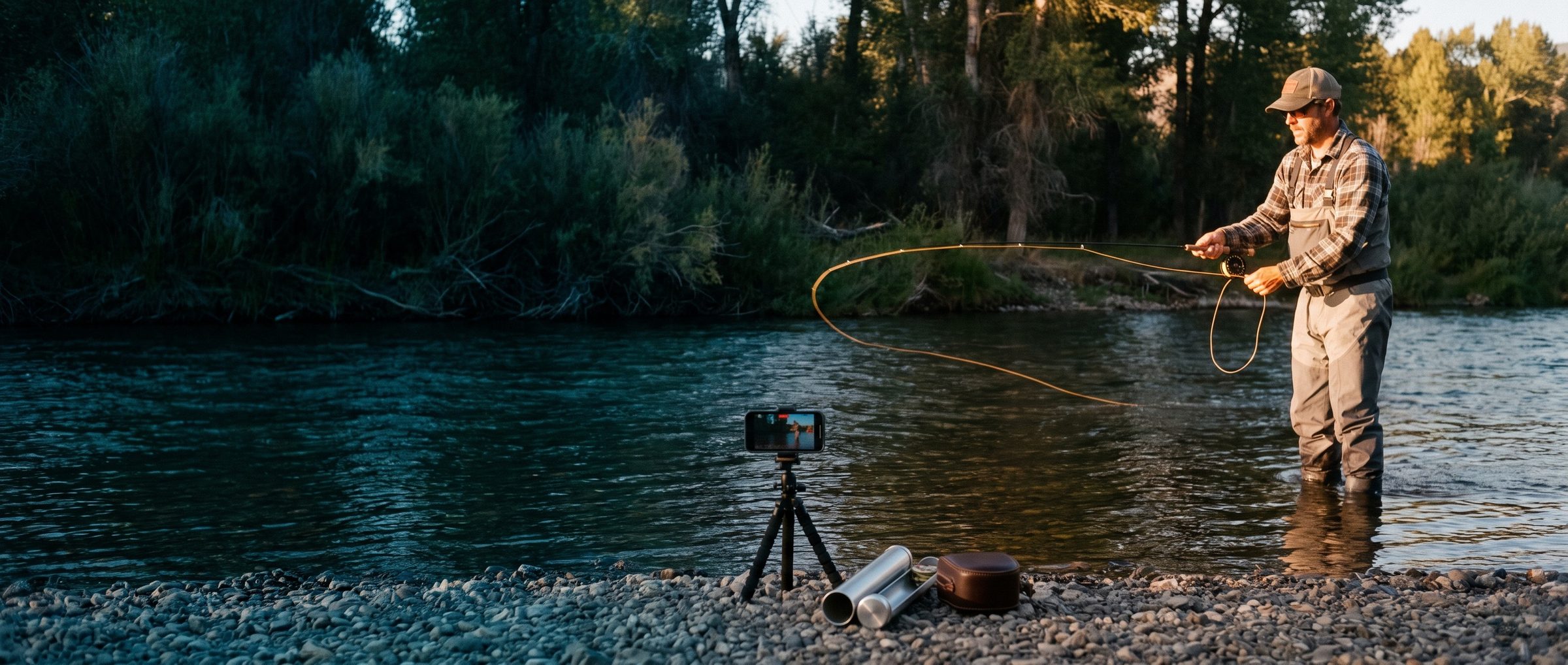 At golden hour, a fly shop owner in waders stands knee-deep in a river casting a new rod while a phone on a small tripod on the gravel bar films the cast