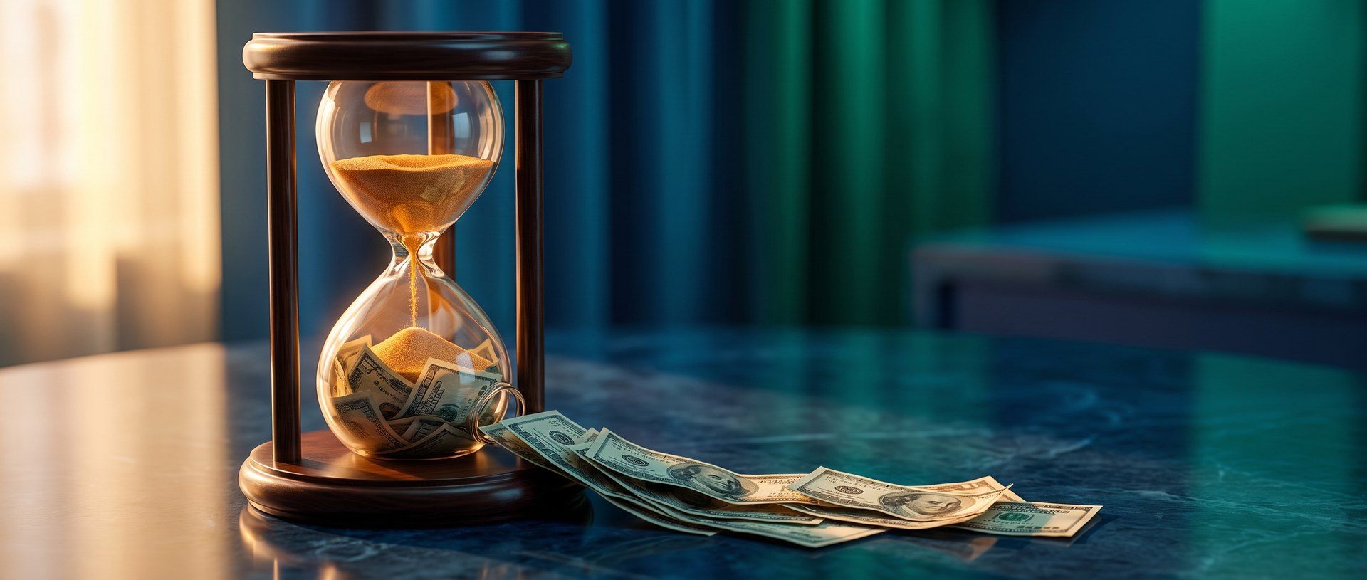 An hourglass with amber sand up top and banknotes filling the bottom, cash spilling out across a dark table