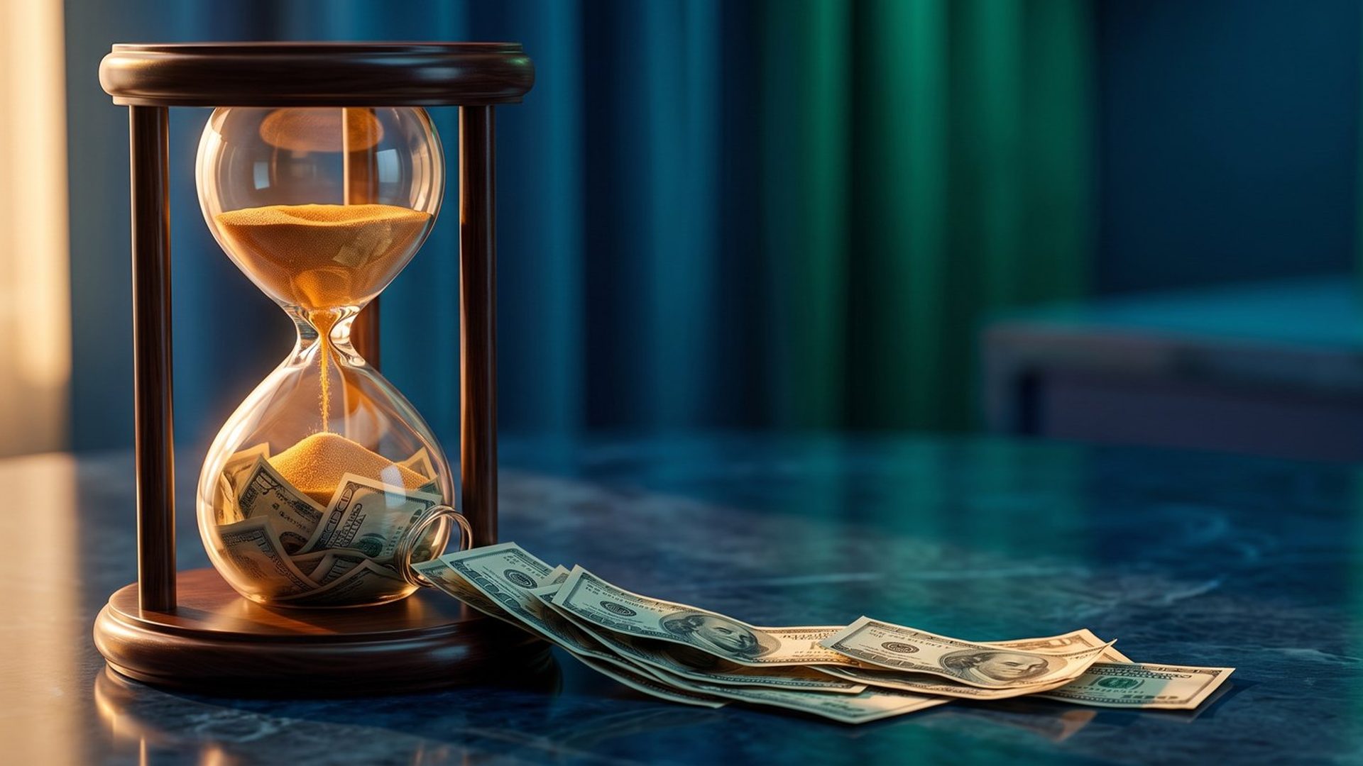 An hourglass with amber sand up top and banknotes filling the bottom, cash spilling out across a dark table