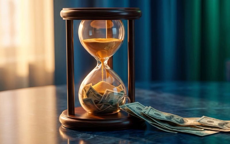 An hourglass with amber sand up top and banknotes filling the bottom, cash spilling out across a dark table