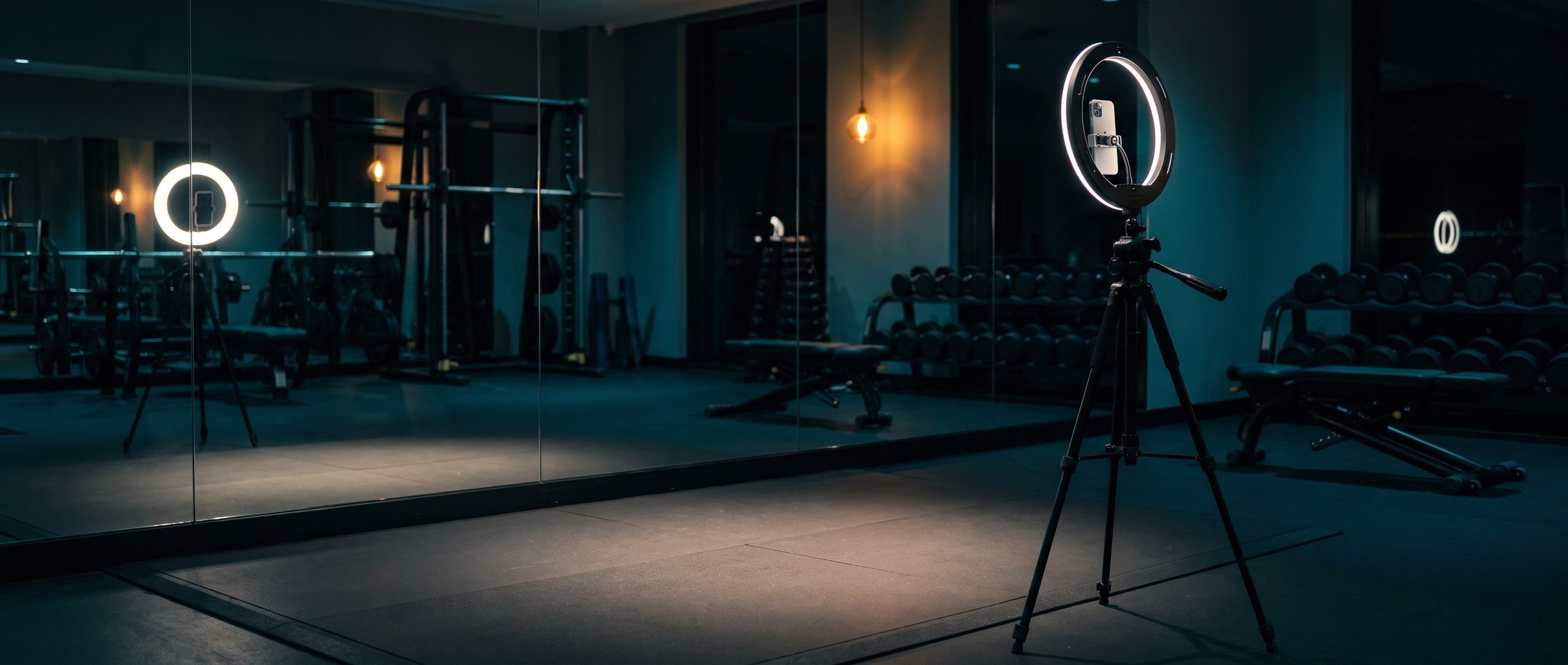 A phone mounted in a glowing ring light on a tripod in a dark gym at night, beside a long mirror wall that reflects the ring light, racks and a warm pendant lamp, the floor in front of the mirror empty