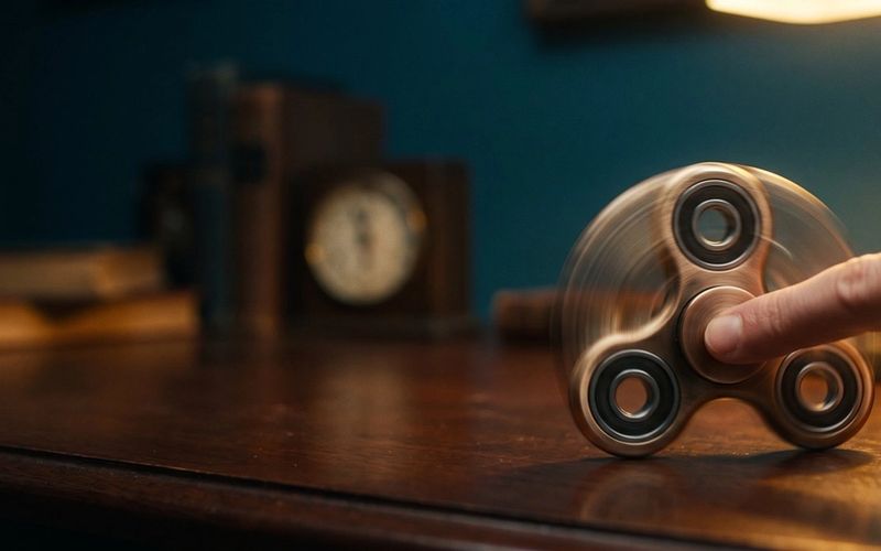 A metal fidget spinner spinning under a fingertip on a dark desk, lit warm amber against deep teal shadow