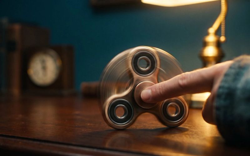A metal fidget spinner spinning under a fingertip on a dark desk, lit warm amber against deep teal shadow