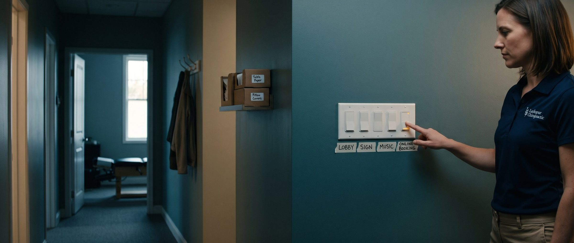 In the back hallway of a chiropractic office before opening, a chiropractor presses down the one wall switch still glowing, labeled Online Booking, beside switches for the lobby, sign and music