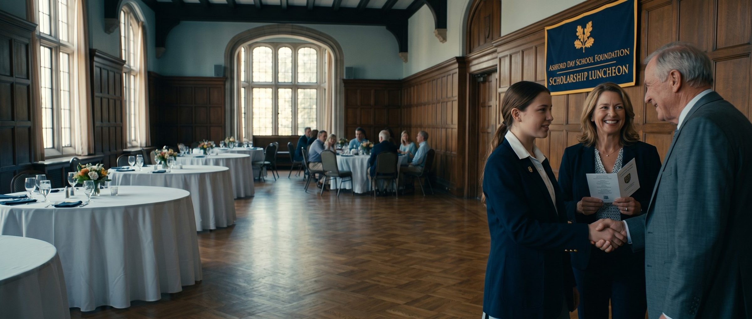 In a wood-paneled school dining hall, a student in a navy blazer shakes hands with an older donor while her mother holds a program, under an Ashford Day School Foundation Scholarship Luncheon banner