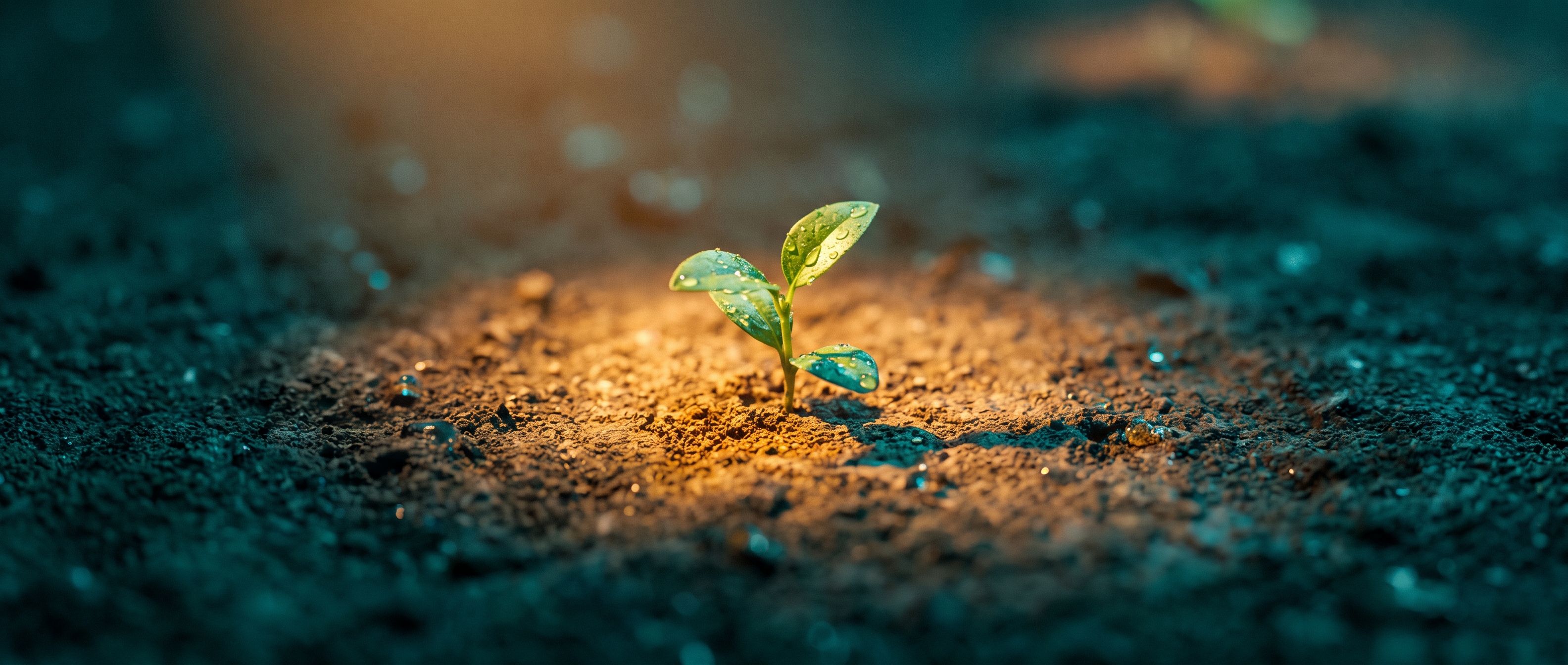 A single green seedling growing in a focused pool of warm light on dark soil - a small budget, concentrated and grown the right way.