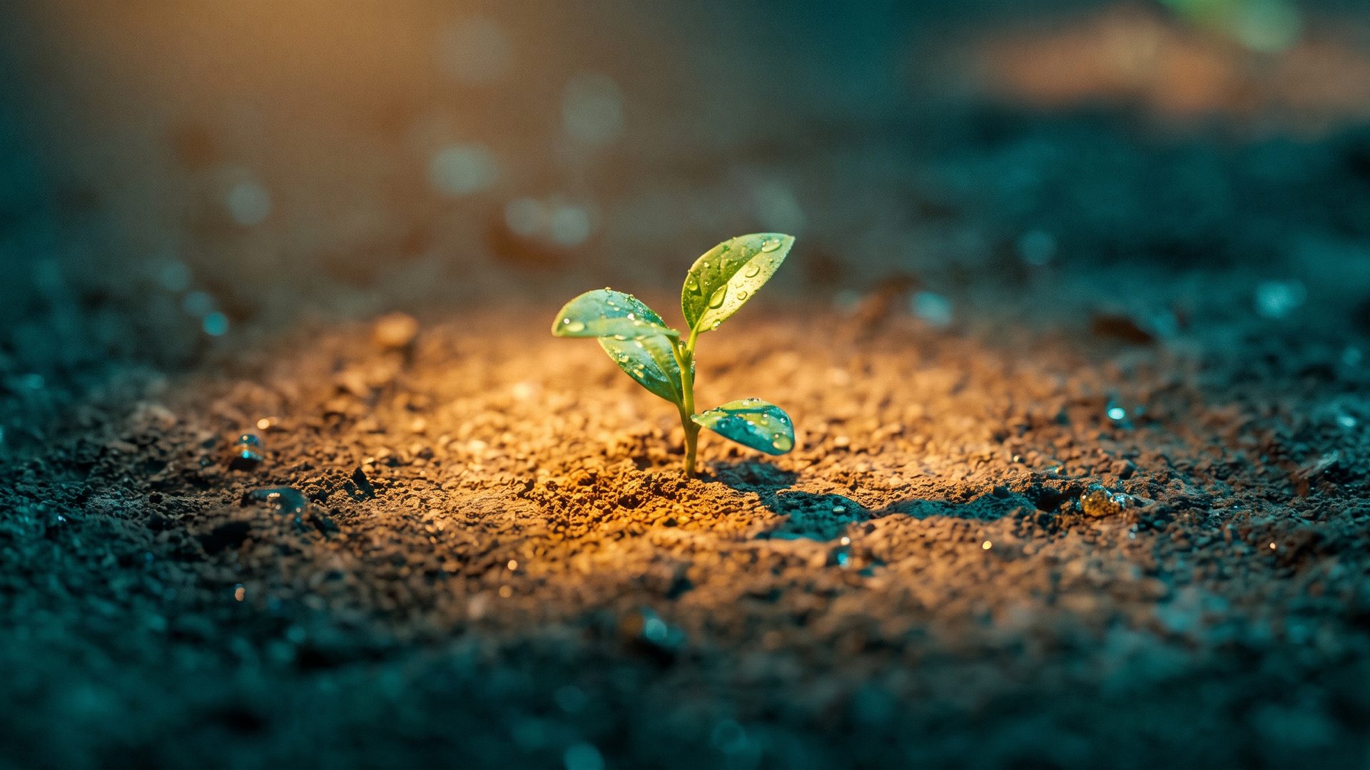 A single green seedling growing in a focused pool of warm light on dark soil - a small budget, concentrated and grown the right way.