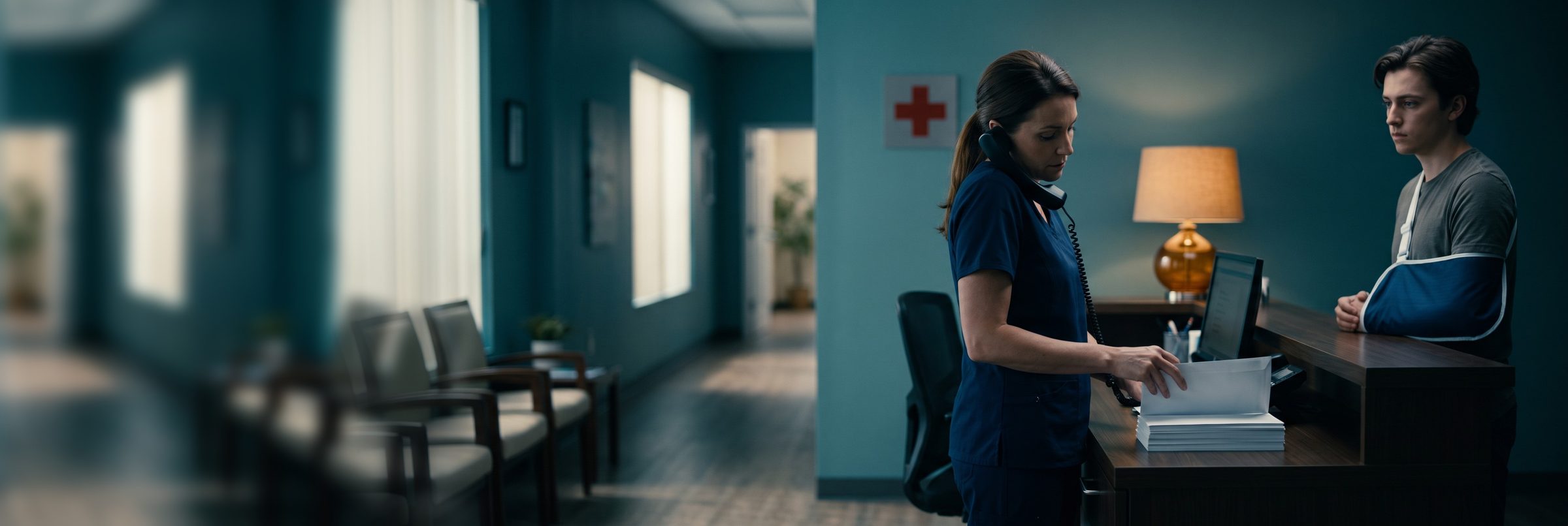 An urgent care receptionist holds a desk phone against her shoulder while sorting a stack of envelopes, as a young patient with his arm in a sling waits at the counter
