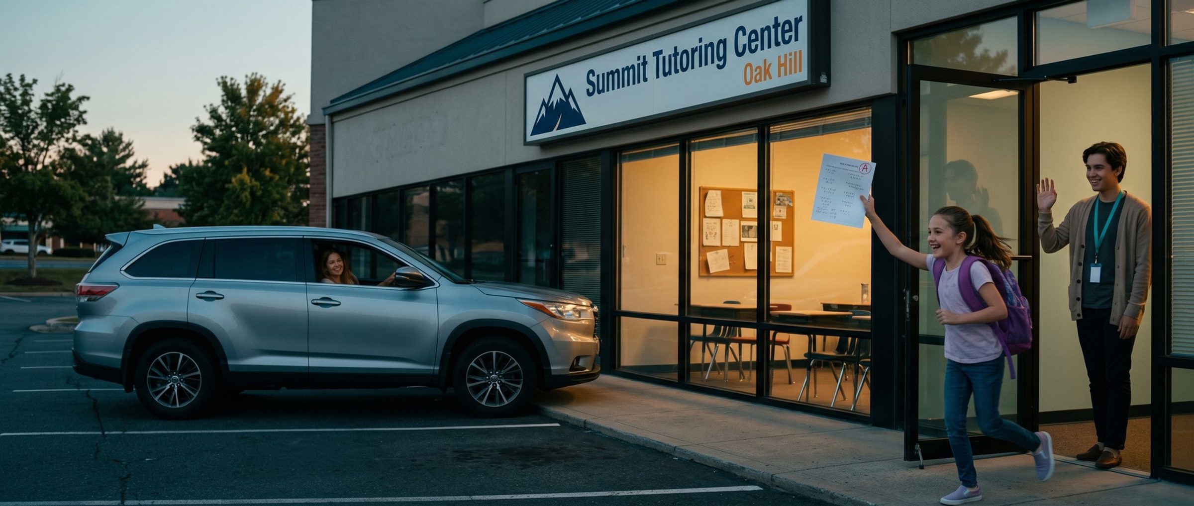 A girl with a purple backpack runs out of a tutoring center at dusk holding up a math quiz marked A toward her mother's car while her tutor waves from the doorway