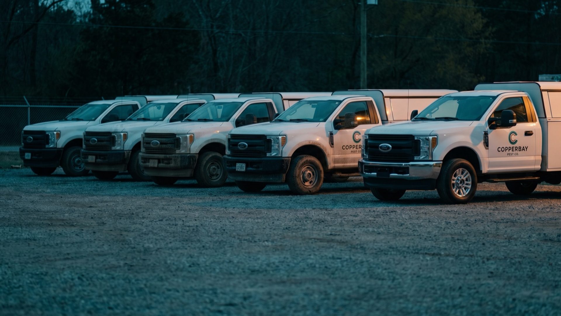 A row of Copperbay Pest Co. service trucks parked in a gravel yard at dawn, the last truck in the line waiting its turn