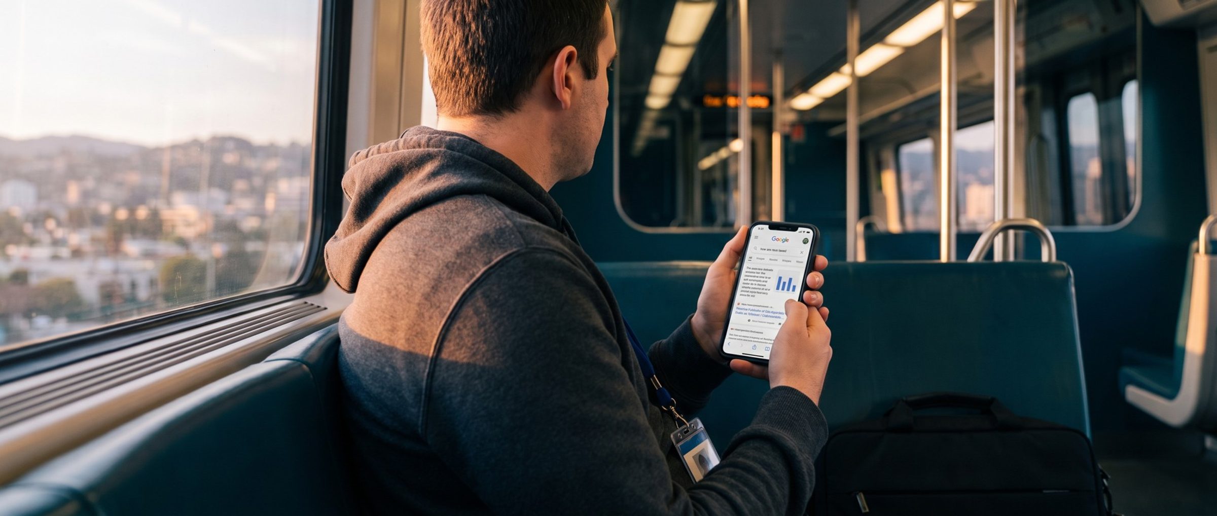 Over a commuter's shoulder on a morning train, a man with a company badge on a lanyard reads a Google search for how are rsus taxed on his phone as the hills blur past the window