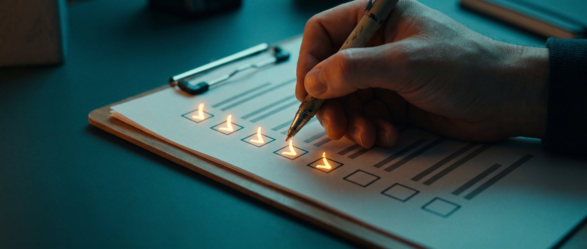 A hand holding a pen ticks off items one by one on a printed checklist clipped to a board, each finished box glowing amber on a dark teal desk