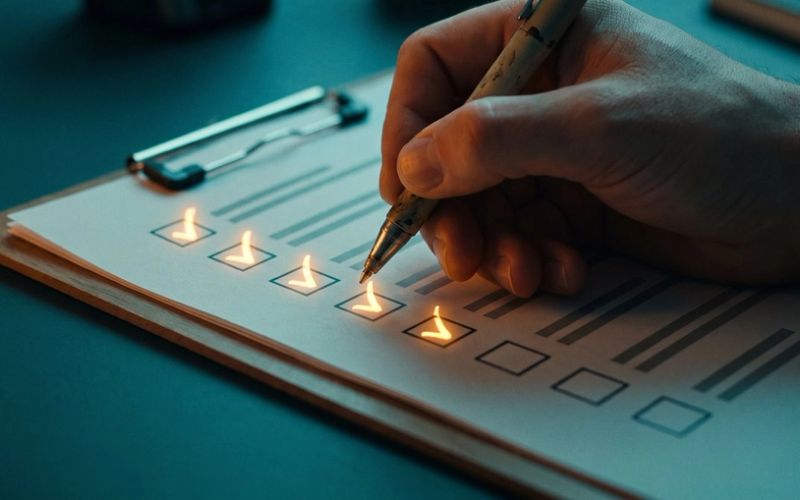 A hand holding a pen ticks off items one by one on a printed checklist clipped to a board, each finished box glowing amber on a dark teal desk