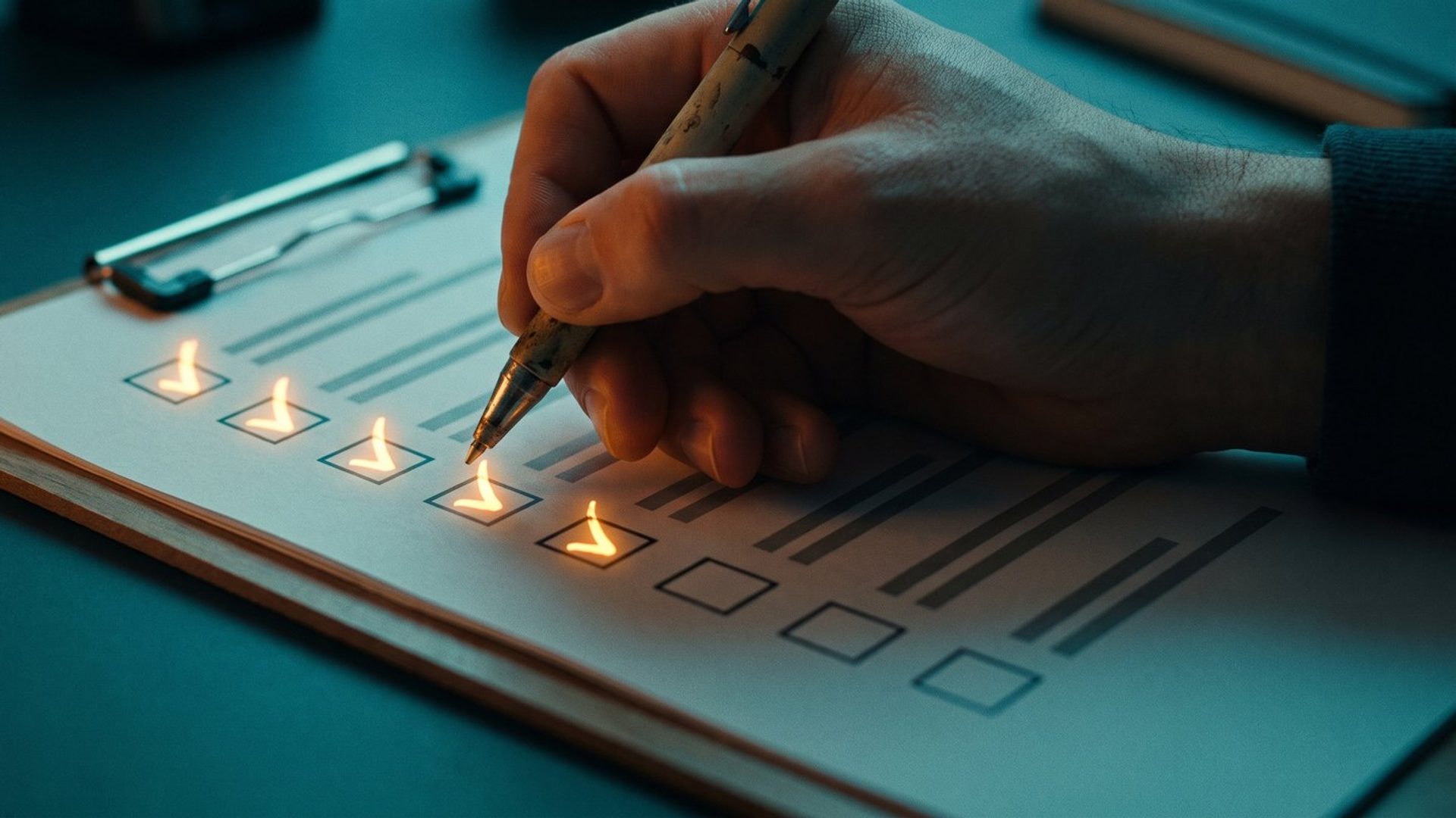 A hand holding a pen ticks off items one by one on a printed checklist clipped to a board, each finished box glowing amber on a dark teal desk