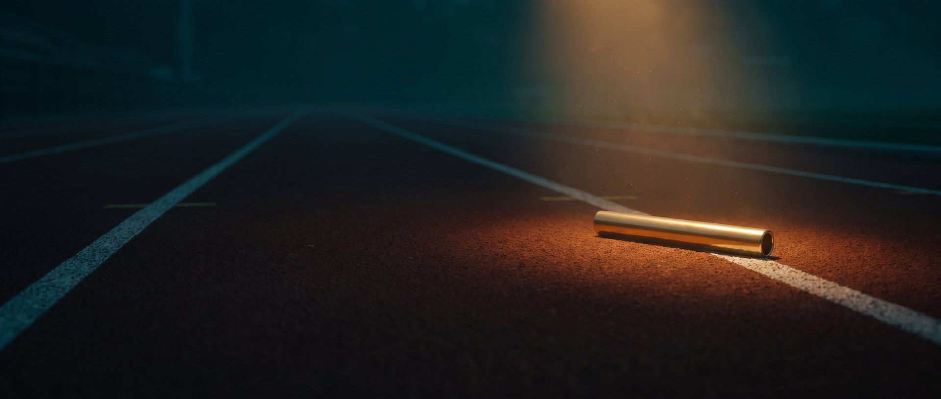 A metal relay baton lying abandoned on an empty running track lane at dusk
