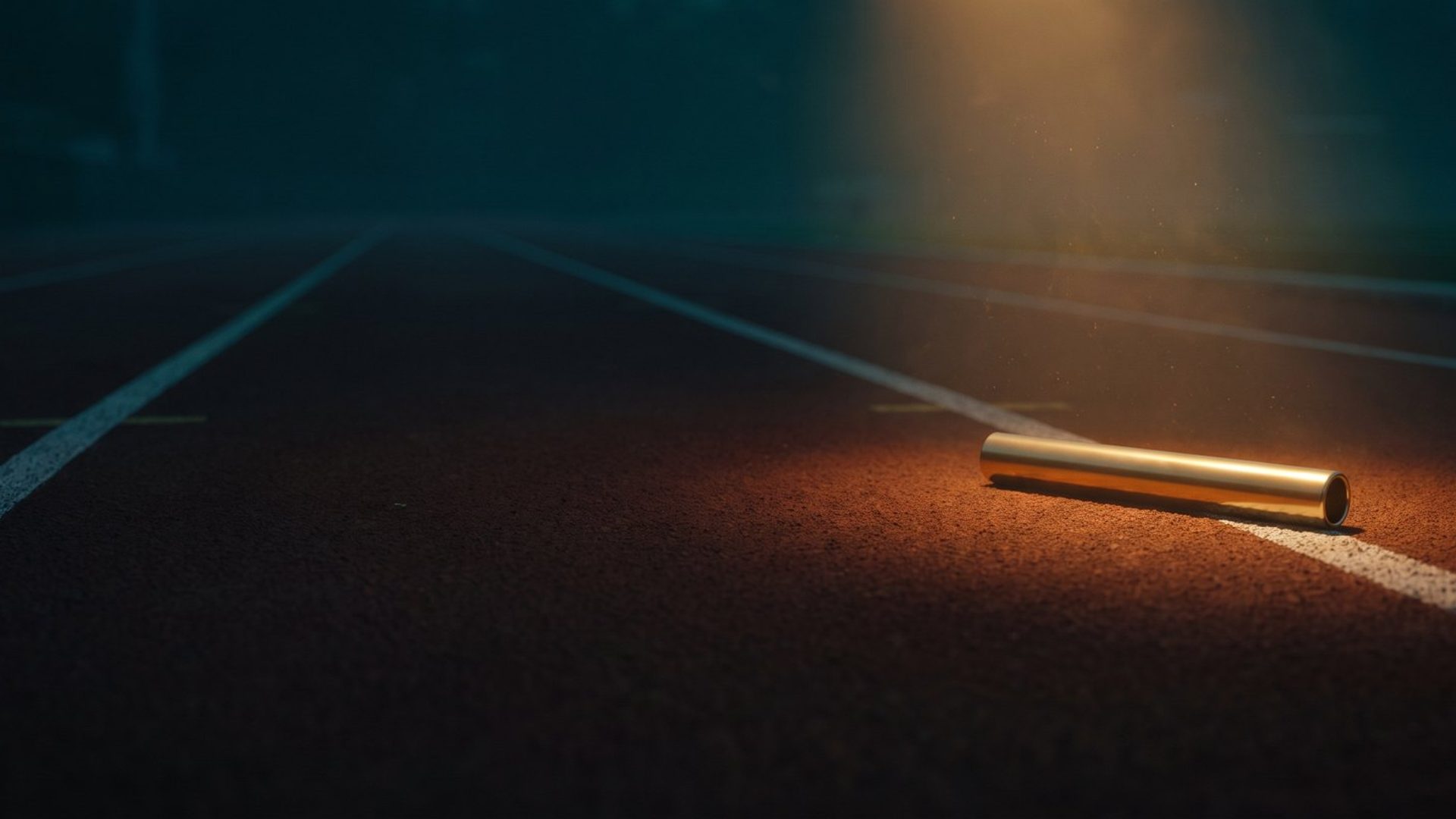 A metal relay baton lying abandoned on an empty running track lane at dusk