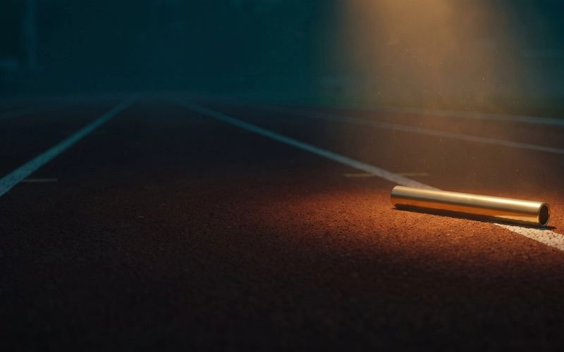 A metal relay baton lying abandoned on an empty running track lane at dusk