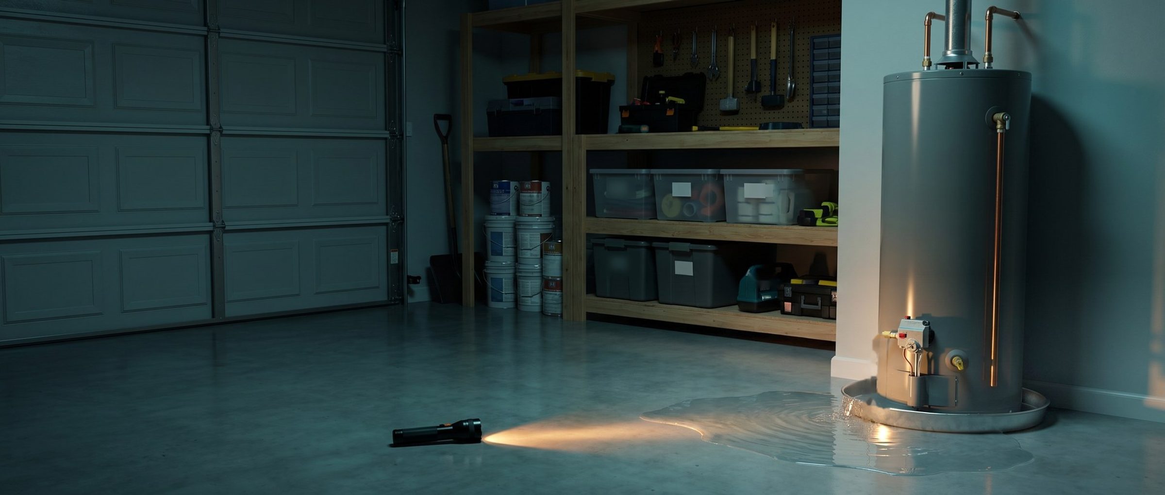 A gas tank water heater in the corner of a home garage at night, standing in a metal drain pan that has overflowed onto the concrete floor, with a flashlight lying on the floor and its beam across the water