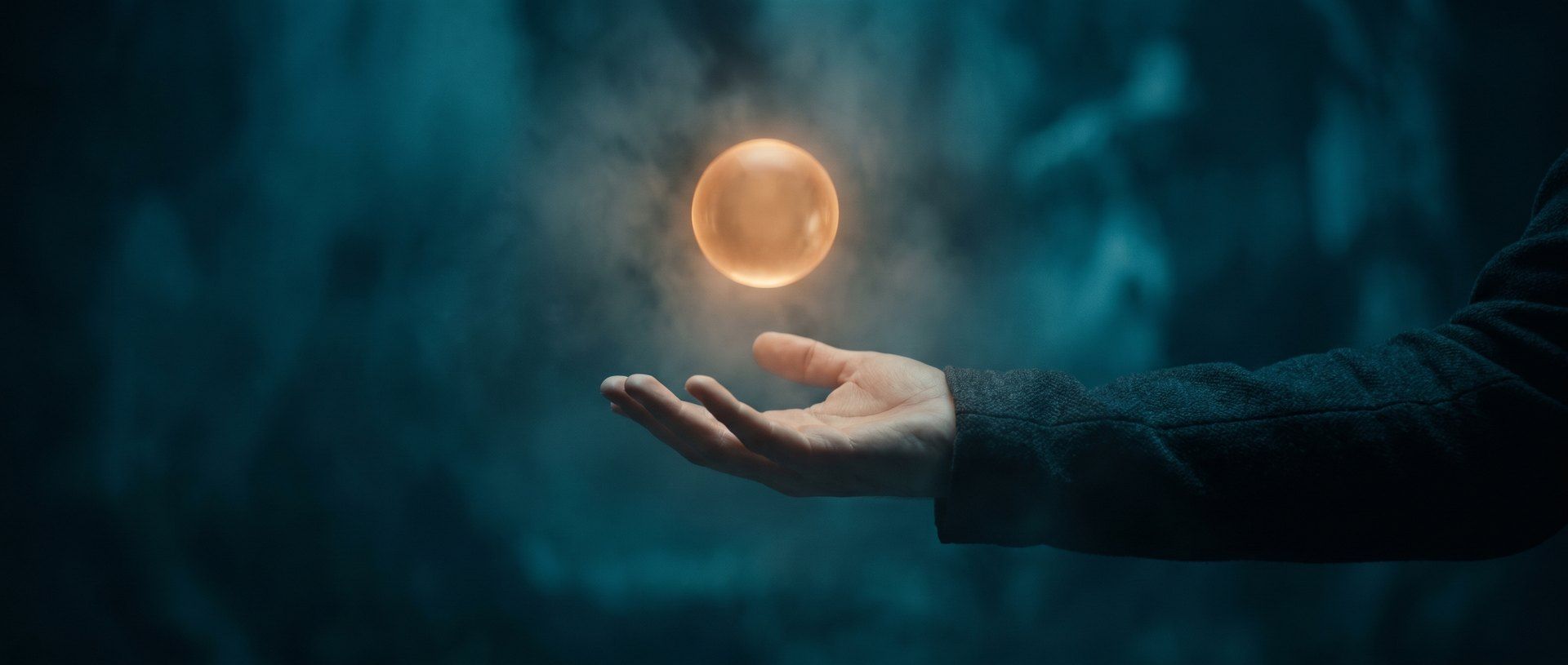 An open hand holding out a glowing amber orb of light in deep teal shadow - the gesture of making an offer.