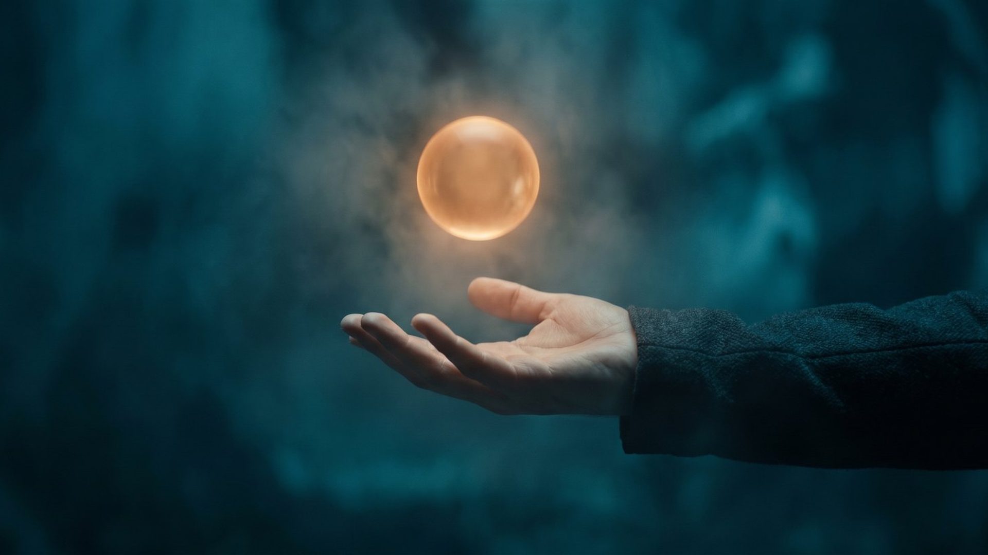 An open hand holding out a glowing amber orb of light in deep teal shadow - the gesture of making an offer.