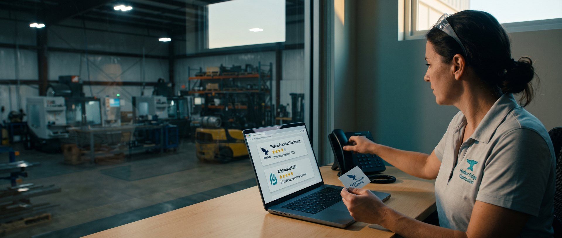 A plant manager in a Harbor Ridge Fabrication polo holds a Kestrel Precision Machining business card and reaches for her desk phone while her laptop compares two supplier listings: Kestrel with 3 reviews, newest 2023, and Brightwater CNC with 61 reviews, newest last week.