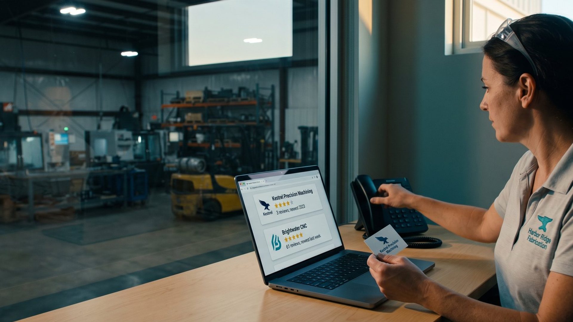 A plant manager in a Harbor Ridge Fabrication polo holds a Kestrel Precision Machining business card and reaches for her desk phone while her laptop compares two supplier listings: Kestrel with 3 reviews, newest 2023, and Brightwater CNC with 61 reviews, newest last week.
