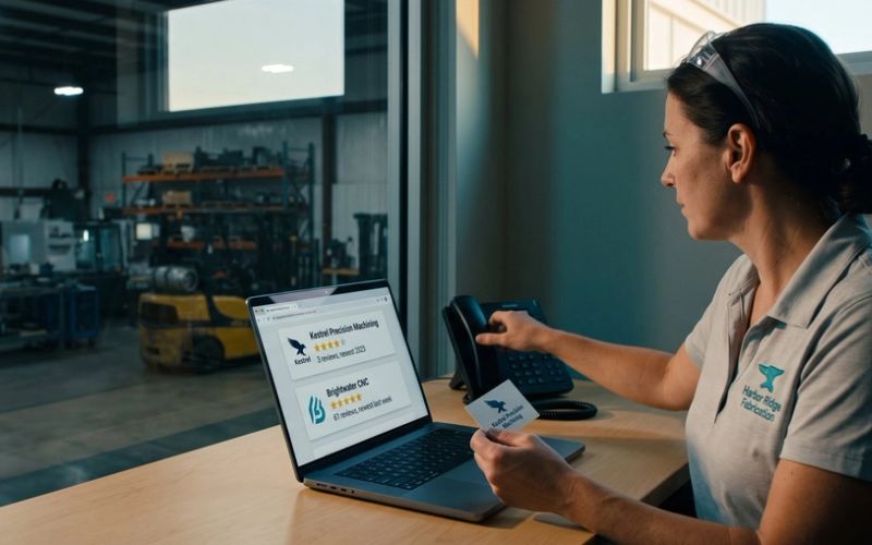 A plant manager in a Harbor Ridge Fabrication polo holds a Kestrel Precision Machining business card and reaches for her desk phone while her laptop compares two supplier listings: Kestrel with 3 reviews, newest 2023, and Brightwater CNC with 61 reviews, newest last week.